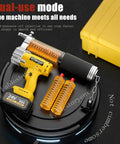 Workhorse 750W Cordless Grease Gun Kit With LED Light, 12,000 PSI Flow, yellow tool with accessories on display