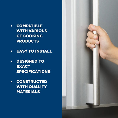 Hand holding durable chrome finish handle on GE fridge, Refrigerator Door Handle Replacement for GE Models Built To Last OEM Quality