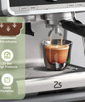 Pro 20 Bar Espresso Machine With Built In Conical Burr Grinder And Steam Wand For Pulling Smooth Shots and Crafting Rich Lattes showing espresso extraction with a 58MM portafilter.