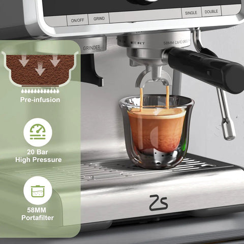 Pro 20 Bar Espresso Machine With Built In Conical Burr Grinder And Steam Wand For Pulling Smooth Shots and Crafting Rich Lattes showing espresso extraction with a 58MM portafilter.