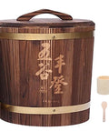 Brown Fir Wood Grain Rice Dispenser With Lid, Heavy Duty Sealed Pantry Storage Jar For Bulk Grains Soybeans Sugar And Coffee,  with measuring cup and spoon.