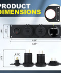 4 In 1 12V USB Panel With LED Voltmeter, Dual USB Charger Socket, Cigarette Lighter Socket, And Red LED Lighted Toggle Switch For Boat, Car, RV, Golf Cart, And ATV Power Hub For All Your Onboard Electronics And Lighting Needs. dimensions diagram with black panel and 6.69-inch width