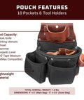 3 Pouch Leather Tool Bag With Tape Holder For Pros Built In Tape Holster 10 Pockets And Tool Holders Black Made In USA Durable