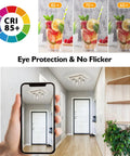 Flush Mount Crystal Ceiling Light With 4 LED Bulbs Brushed Nickel Finish Clear Glass Shade installed in modern hallway, shown in phone screen.
