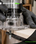 Heavy Duty Compression Spiral Router Bit With 1/4 Inch Shank And Dual Bottom Bearings To Slice Laminate And Plywood Patterns Like Butter For A Straight Shooter Finish in use for trimming.