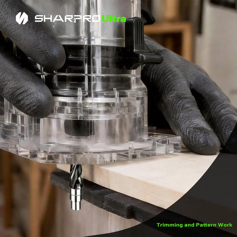 Heavy Duty Compression Spiral Router Bit With 1/4 Inch Shank And Dual Bottom Bearings To Slice Laminate And Plywood Patterns Like Butter For A Straight Shooter Finish in use for trimming.