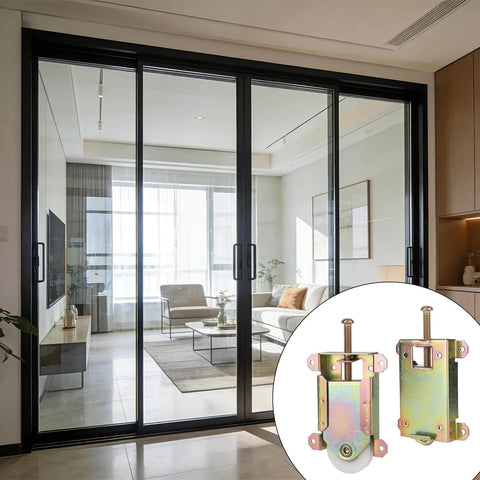 Two Pack Sliding Mirror Closet Door Rollers Replacement next to glass doors in a contemporary living room setting.