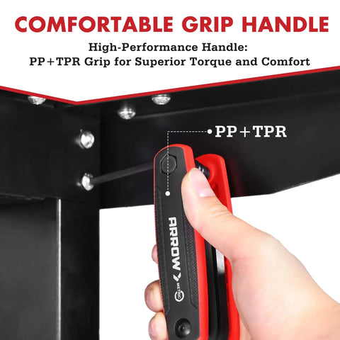 Close-up of Folding 17 Piece Allen Wrench Set with SAE and Metric Hex Keys, Cr-V Steel, red PP+TPR grip handle in use