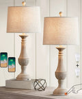 Farmhouse 3 Way Dimmable Touch Table Lamps Set of 2 with USB Ports for Nightstand Living Room and Bedroom Washed White Cozy Rustic Bedside Lamps For Any Room displayed with USB charging phones.