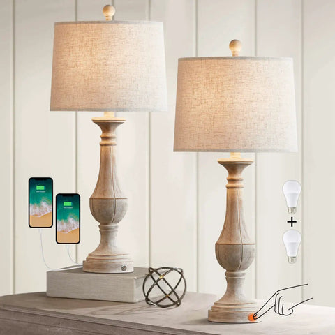 Farmhouse 3 Way Dimmable Touch Table Lamps Set of 2 with USB Ports for Nightstand Living Room and Bedroom Washed White Cozy Rustic Bedside Lamps For Any Room displayed with USB charging phones.