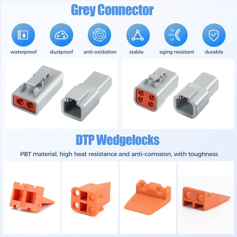 Grey DTP 2 Pin Waterproof Automotive Connectors Kit, 6 Sets With Size 12 Solid Contacts, 14-12 AWG Wire, features weatherproof plugs