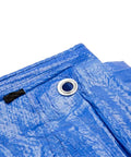 Corner detail of Tough Waterproof Heavy Duty Poly Tarp 12x16 Foot With Grommets Every 36 Inches 8x8 Weave 5 Mil Thick, UV Protected, Blue.