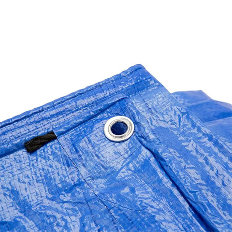 Close-up of blue 10x14 Ft Heavy Duty Waterproof Poly Tarp with grommet, 8x8 weave, 5 mil thick for home, boats, cars, camping protection.
