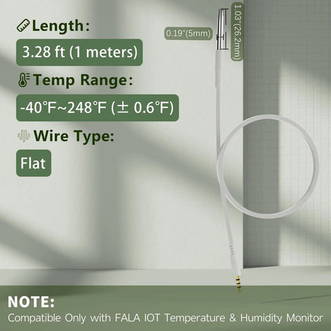 External Flat Temperature Sensor Probe For FALA IOT Monitors Waterproof Ultra Wide Range From Minus 40 F To 248 F with 1 Meter Cable