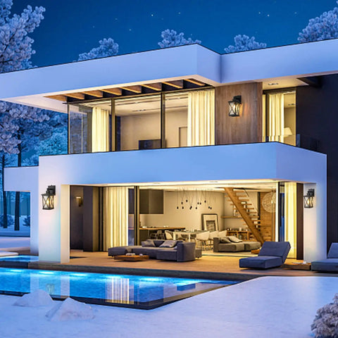 Modern house with Two Pack Dusk To Dawn Outdoor Wall Lanterns With Photocell Sensor mounted by the entrance, aluminum black finish