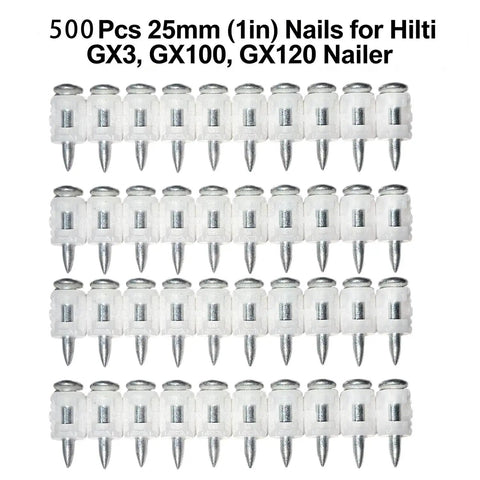 Gas Concrete Drive Pins For GX3 GX100 GX120 Tools 25mm 1 Inch Long Nails Pack Of 500 in clear plastic strips