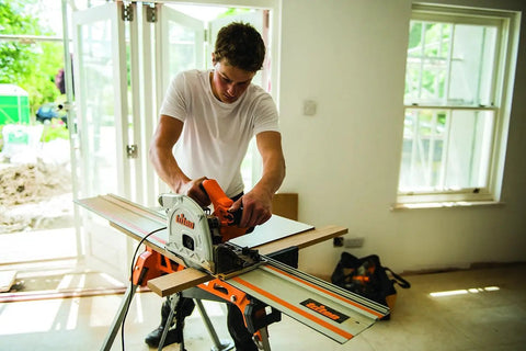 Kickass Six And One Half Inch Plunge Track Saw With 1400 Watt Engine Cuts Clean And True With Rock Solid Rail Tracking For Stress Free Woodworking Featuring Super Comfy Handles And Onboard Storage Rack