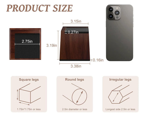 Solid Wood Bed Risers Set Of Four shown with dimensions and examples for square, round, and irregular leg types.