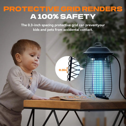 Indoor Outdoor Bug Zapper 4200V Electric Mosquito Killer Waterproof Fly Trap on table with child nearby, highlighting safety grid
