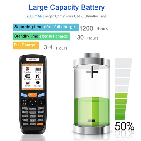 2D Wireless Barcode Scanner Portable Inventory Scanner And Data Collector 2.4G Barcode Reader with battery life graph