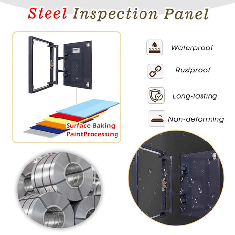 No Hassle Waterproof Access Panel For Drywall Tiles, Drop Dead Smooth Built In Concealed Door for HVAC Ducts with visible steel frame.