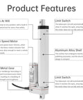 Product features of Beefy 12V Linear Actuator with 1000N Thrust, IP54 Waterproof, showcasing design and mechanical details.