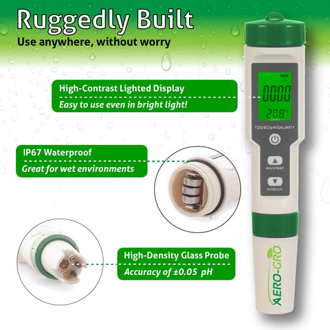 5-In-1 Digital Water Testing Meter For Hydroponics, Aquarium, Pool And Drinking Water with high-contrast display and glass probe