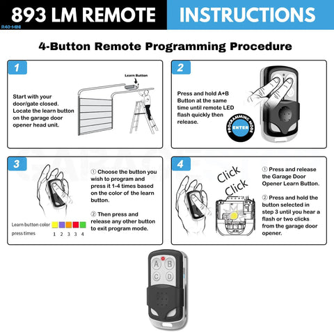 Two Pack Universal Garage Door Remote Keychain For 893LM 893Max 1993 To Present showing 4-button programming instructions