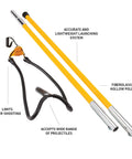 Big Shot Launcher Set With 2 Four Foot Poles, Head, Rubber Tubing And Pouch, showcasing fiberglass poles and tubing.