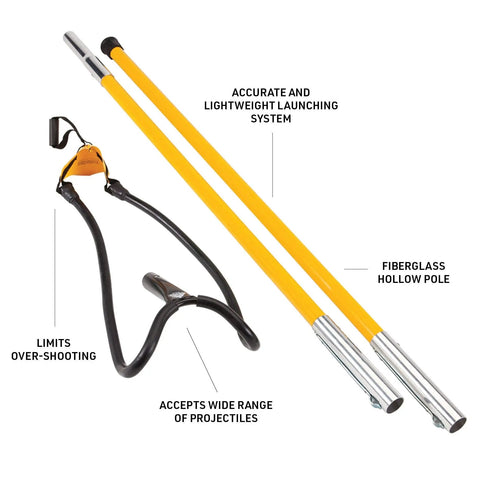 Big Shot Launcher Set With 2 Four Foot Poles, Head, Rubber Tubing And Pouch, showcasing fiberglass poles and tubing.