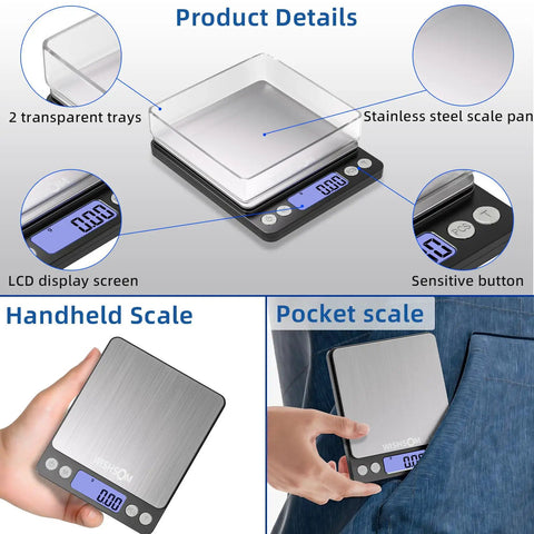 Pro Grade Jewelry Scale 500G By 0.01G Digital Gold Scale with LCD screen, stainless steel platform, and transparent trays.