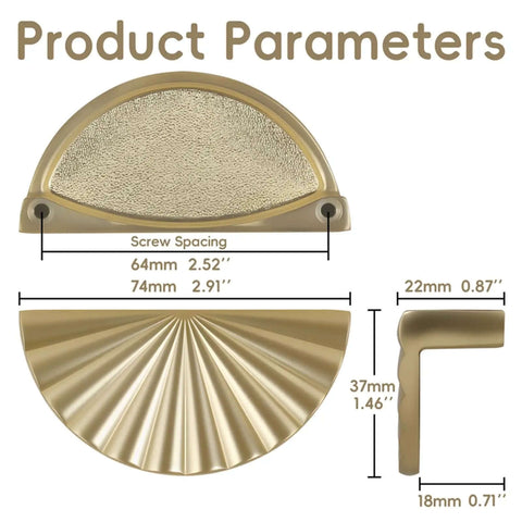 Product dimensions for Six Pack Brushed Gold Half Moon Cabinet Pulls 2.5 Inch Center Spacing for cabinets and dressers.