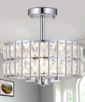 Crystal Semi Flush Mount Chandelier 12.6 Inch Round Drum Ceiling Light 3 Light E12 Fixture Chrome Finish in room setting