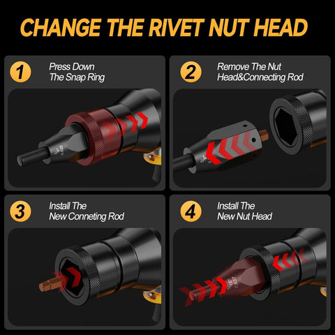 Instructions for changing the nut head on Cordless Rivet Nut Gun For Dewalt 20V Max Battery With Auto Mode And Memory One Quarter Inch Five Sixteen Inch Three Eighth Inch Nut Heads Go Anywhere Portable Rivnut Tool Tool Only.