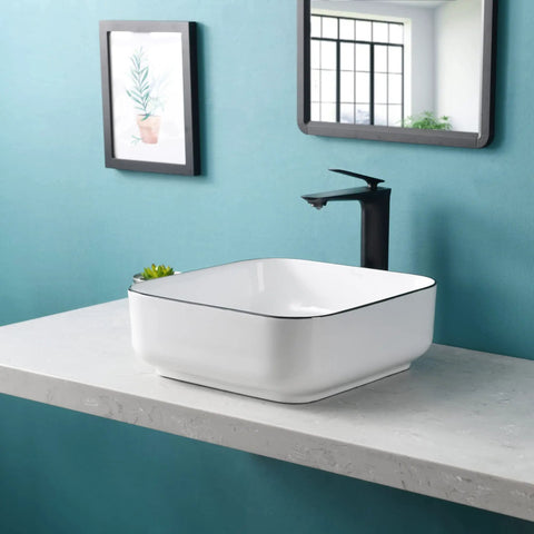 White Square Vessel Sink With Black Trim 15-Inch Above Counter Sink Pop Up Drain Modern European Style Bathroom Vanity Bowl For A Slick Countertop Upgrade
