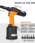 Heavy Duty Pneumatic Rivet Nut Tool Trade Grade Air Riveter Setting Kit dimensions with interchangeable nose pieces for M3 to M12 threads.