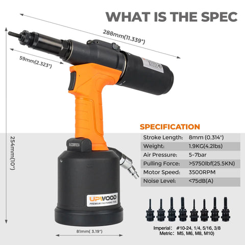 Heavy Duty Pneumatic Rivet Nut Tool Trade Grade Air Riveter Setting Kit dimensions with interchangeable nose pieces for M3 to M12 threads.
