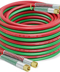 Built Like A Tank Oxy Acetylene Welding Hose 50 Foot 1/4 Inch Twin Line Rubber Cord coiled with fittings for reliability in welding tasks.