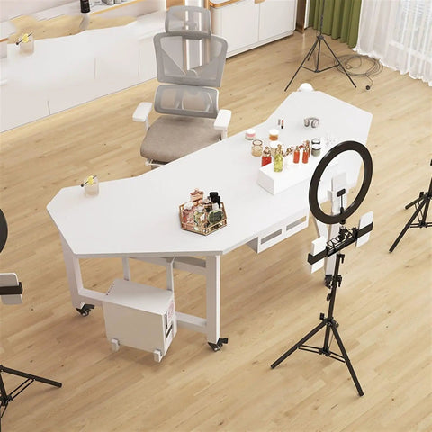 Rock Solid Mobile Computer Desk With Smooth Rolling Casters Wide Surface Thickened Gaming Workbench And Heavy Duty Standing Office Desk For Epic Gamer Setup Black, featuring a spacious white surface and a grey ergonomic chair.
