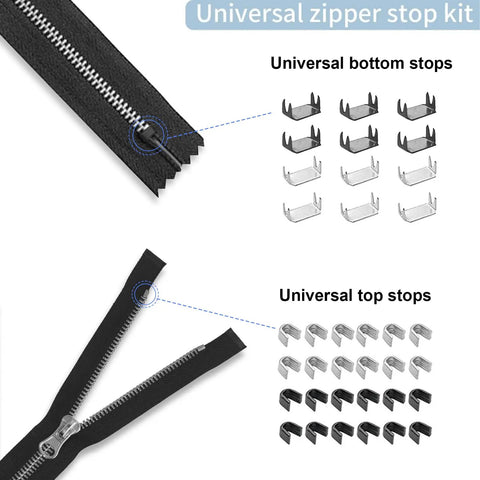 Ultimate Zipper Repair Kit 48 Pcs With Universal Sliders And Stops For Jackets Coats Bags And Boots shown with zipper stops