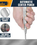 Top Tier 6 Inch Automatic Center Punch Featuring Heavy Duty Spring Loaded Action And Tough Steel Tip For Dead Nuts Accurate Drill Markings On Metal Wood And Concrete, held in hand with anti-slip handle.