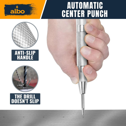 Top Tier 6 Inch Automatic Center Punch Featuring Heavy Duty Spring Loaded Action And Tough Steel Tip For Dead Nuts Accurate Drill Markings On Metal Wood And Concrete, held in hand with anti-slip handle.