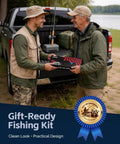 Two men exchanging 7 Piece Fishing Tools Kit With Fillet Knife Split Ring Pliers Braid Scissors Fish Gripper set by a truck.