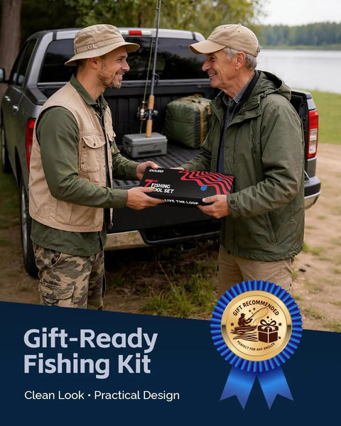 Two men exchanging 7 Piece Fishing Tools Kit With Fillet Knife Split Ring Pliers Braid Scissors Fish Gripper set by a truck.
