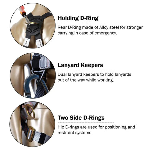 Beefy Fall Protection Harness Kit With Three D Rings For Lanyard Multi Purpose Full Body Harness detail features and D-rings