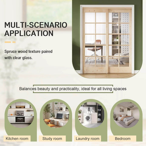 Preassembled Solid Spruce Wood Double Sliding Closet Doors Set With Bypass Hardware Track Kit 60 Inch By 80 Inch Two 31 Inch Tempered Clear Glass Panels Barn Door Slab For Interior Pantry Kitchen Built To Last Rustic Style installed in a living room