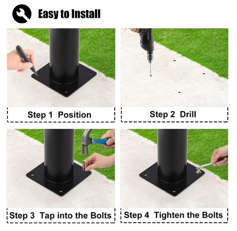 Step-by-step installation guide for Kickass Reflective Traffic Cone And Plastic Bollard Post For Driveways, showing drilling and bolting process.