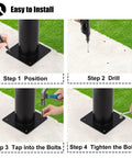 Installation steps for Built Tough Plastic Bollard Stopper With Super Bright Reflective Tape, showing positioning, drilling, tapping, and tightening bolts.