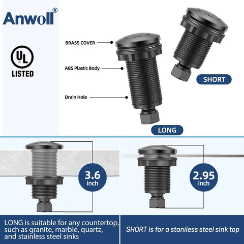 Visualization showing Garbage Disposal Air Switch Kit Dual Outlet Design, with brass cover and options for long or short installation.