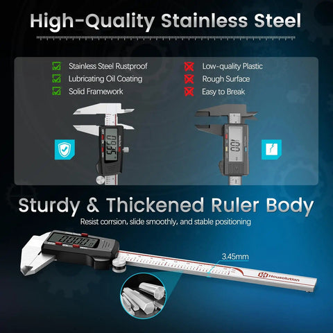 Go-To 6 Inch Digital Caliper With Large LCD Screen And Millimeter Readouts, showing stainless steel features and sturdy design